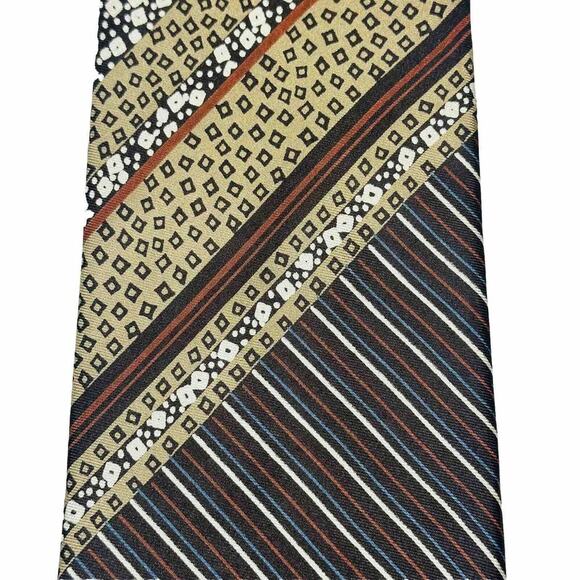 VINTAGE Yves Saint Laurent YSL Brown Tan Multi Pattern Satin Silk Necktie Tie - Picture 5 of 7